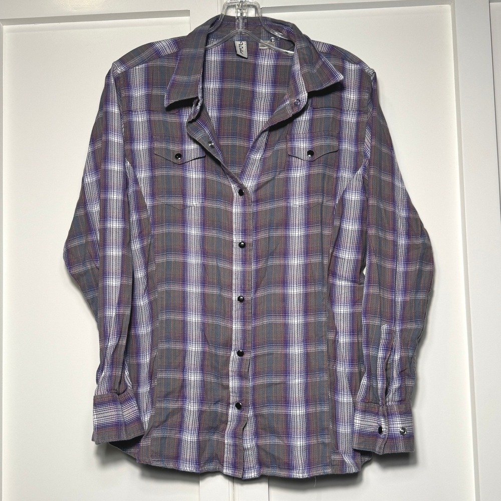 Walls Womens Purple Grey‎ Plaid Western Pearl Snap Cotton Shirt Large